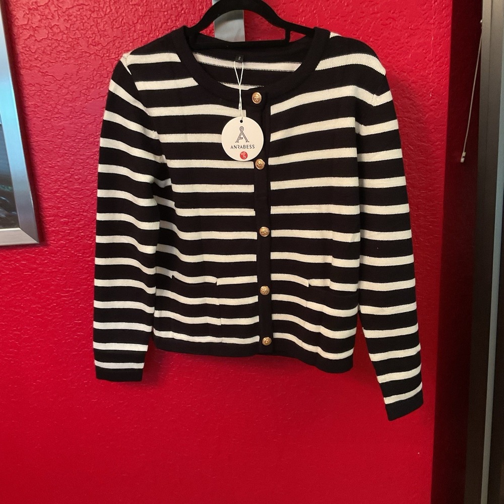 Anrabees NWT Black And White Striped Button Cardigan Sweater, Small
